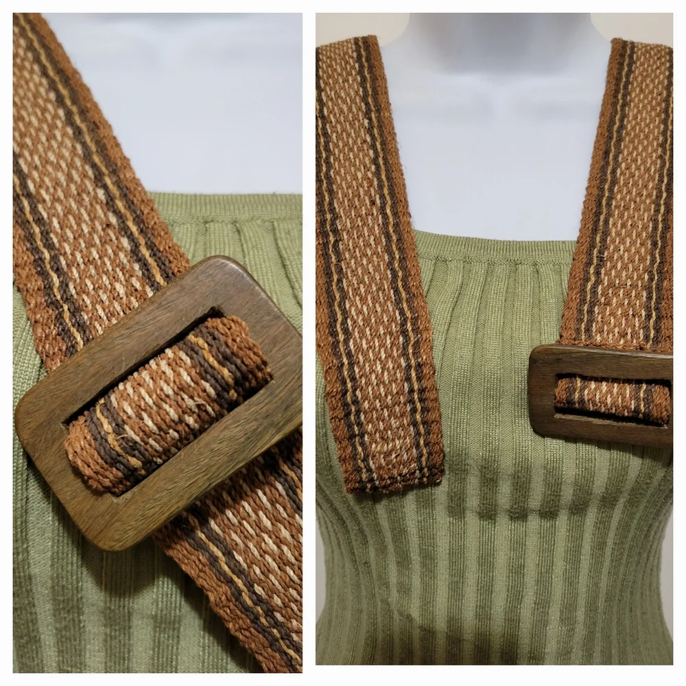 Natural Woven Stripe Pattern Natural Fiber Belt w/Wooden Buckle